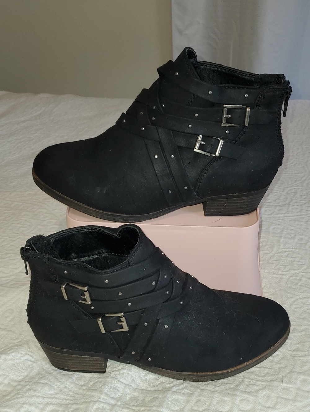 SO Black Buckle Strap Ankle Booties